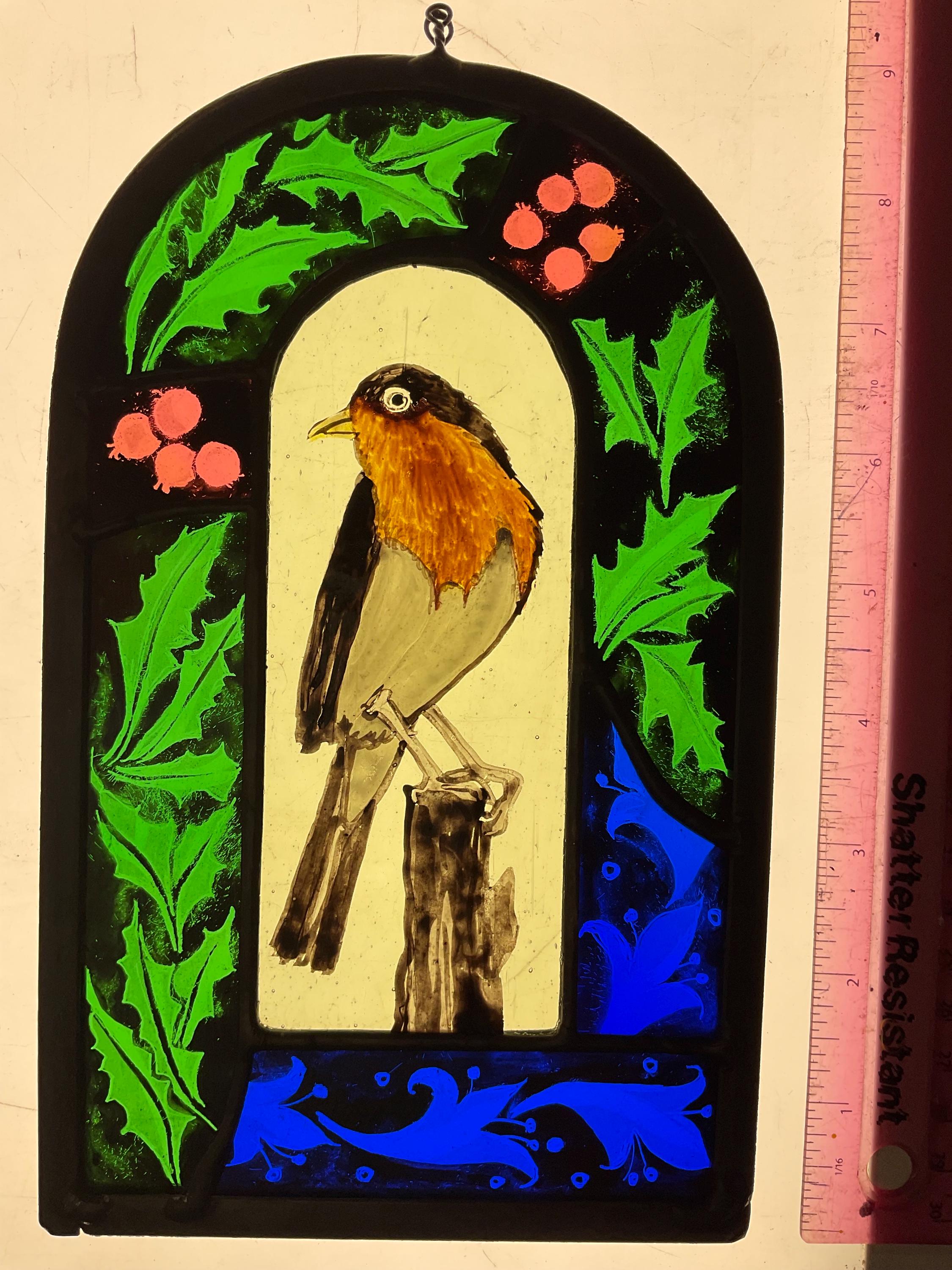 Robin with holly stained glass sun catcher