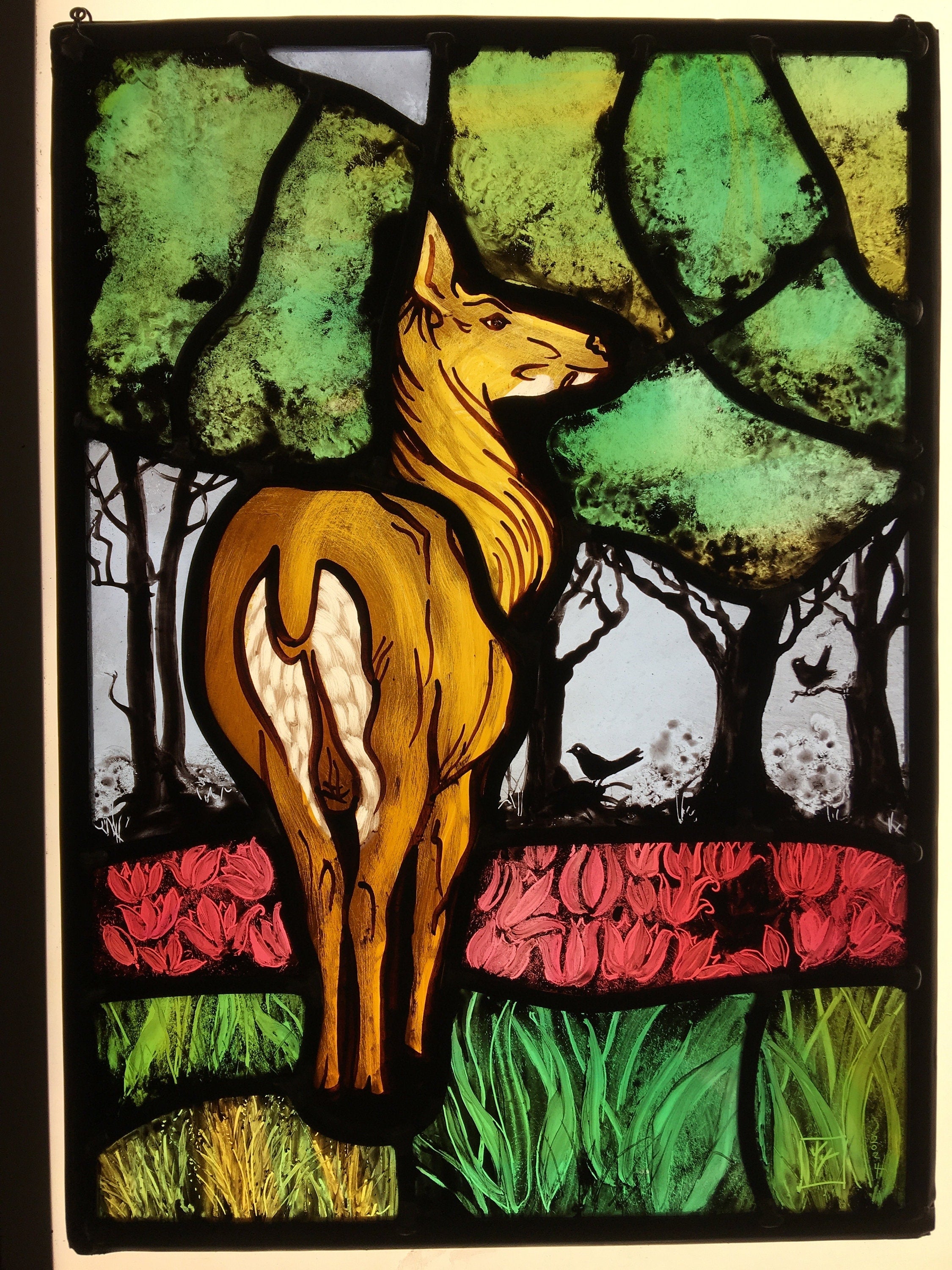Stained Glass Window: Deer, Stag, Blackbirds, Nature