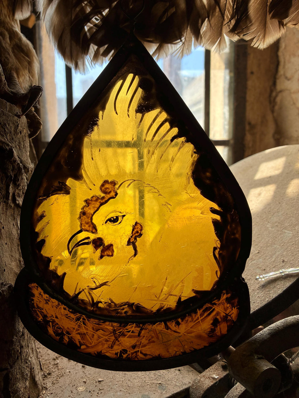 Nesting Chicken Stained Window, Hen Decor
