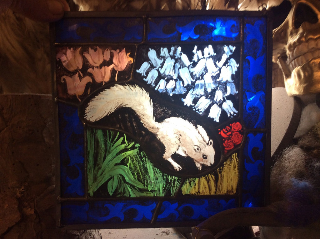 Squirrel Stained Glass Window with Bluebells