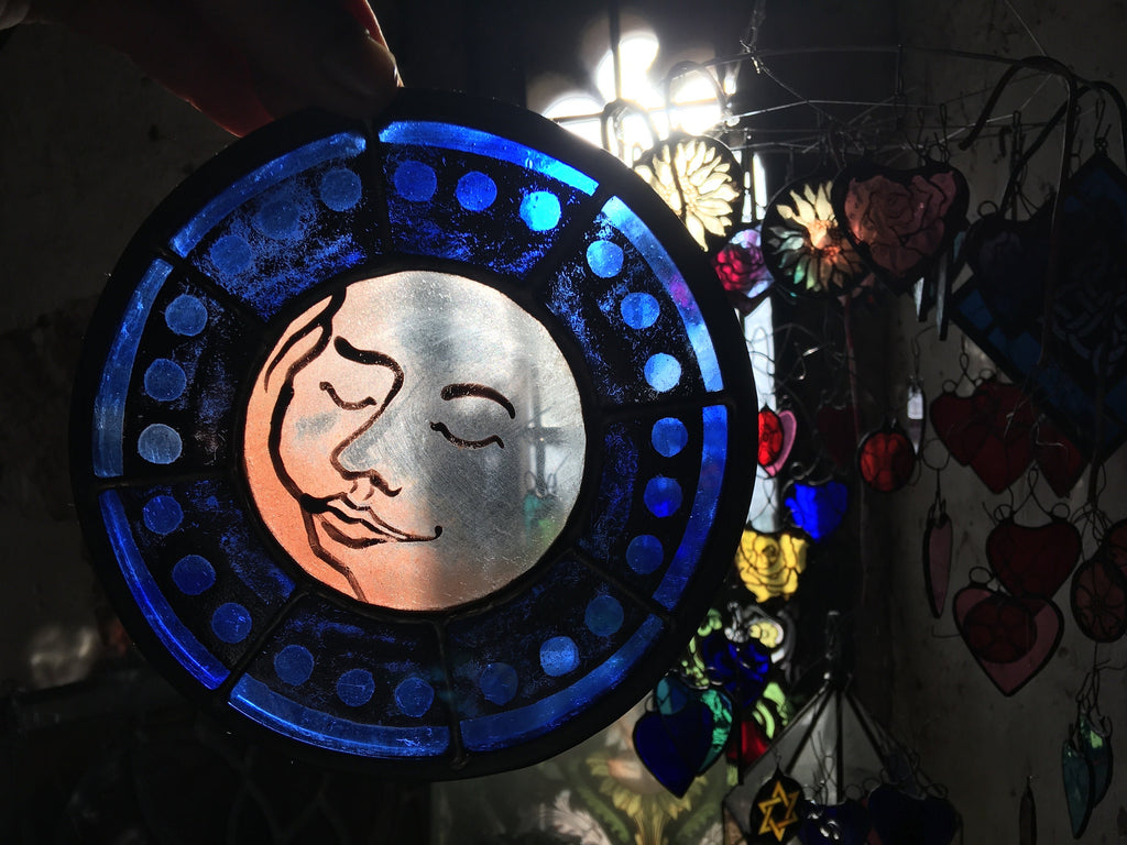 Blue Sweet Dreams Moon Face Stained Glass Sun Catcher
