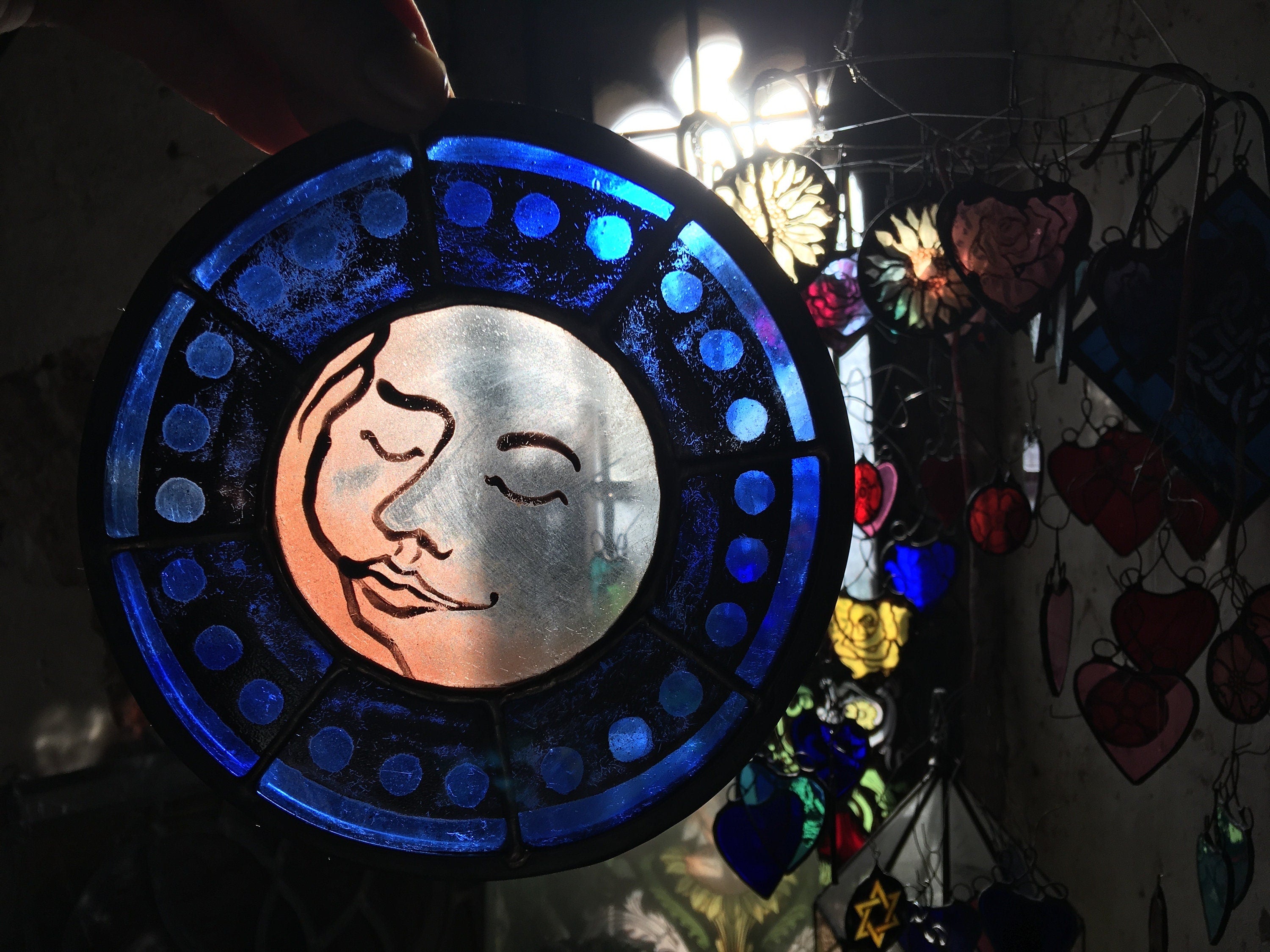 Blue Sweet Dreams Moon Face Stained Glass Sun Catcher
