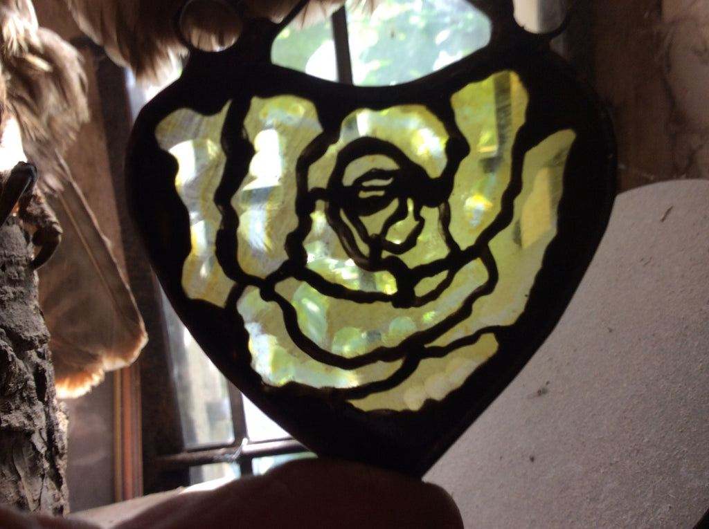 Yellow Rose in a Heart Stained Glass Suncatcher
