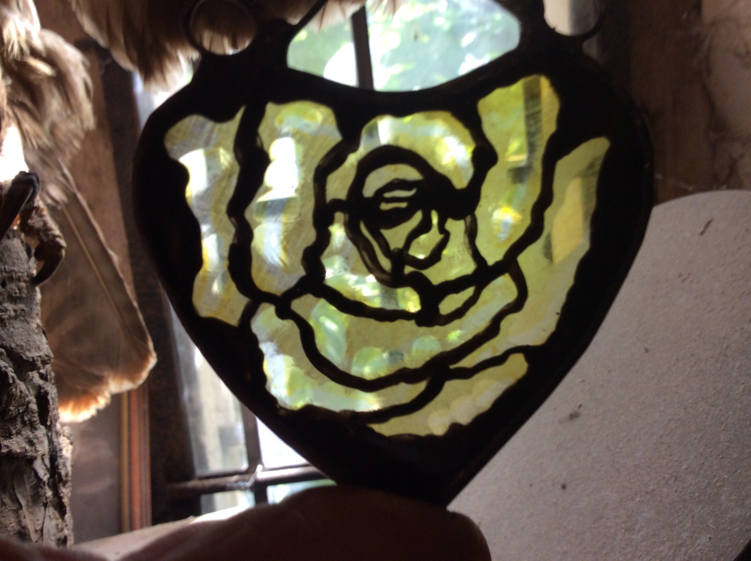 Yellow Rose in a Heart Stained Glass Suncatcher