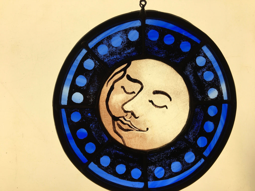 Blue Sweet Dreams Moon Face Stained Glass Sun Catcher