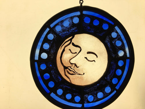 Blue Sweet Dreams Moon Face Stained Glass Sun Catcher