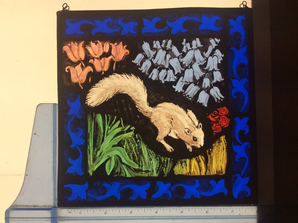Squirrel Stained Glass Window with Bluebells