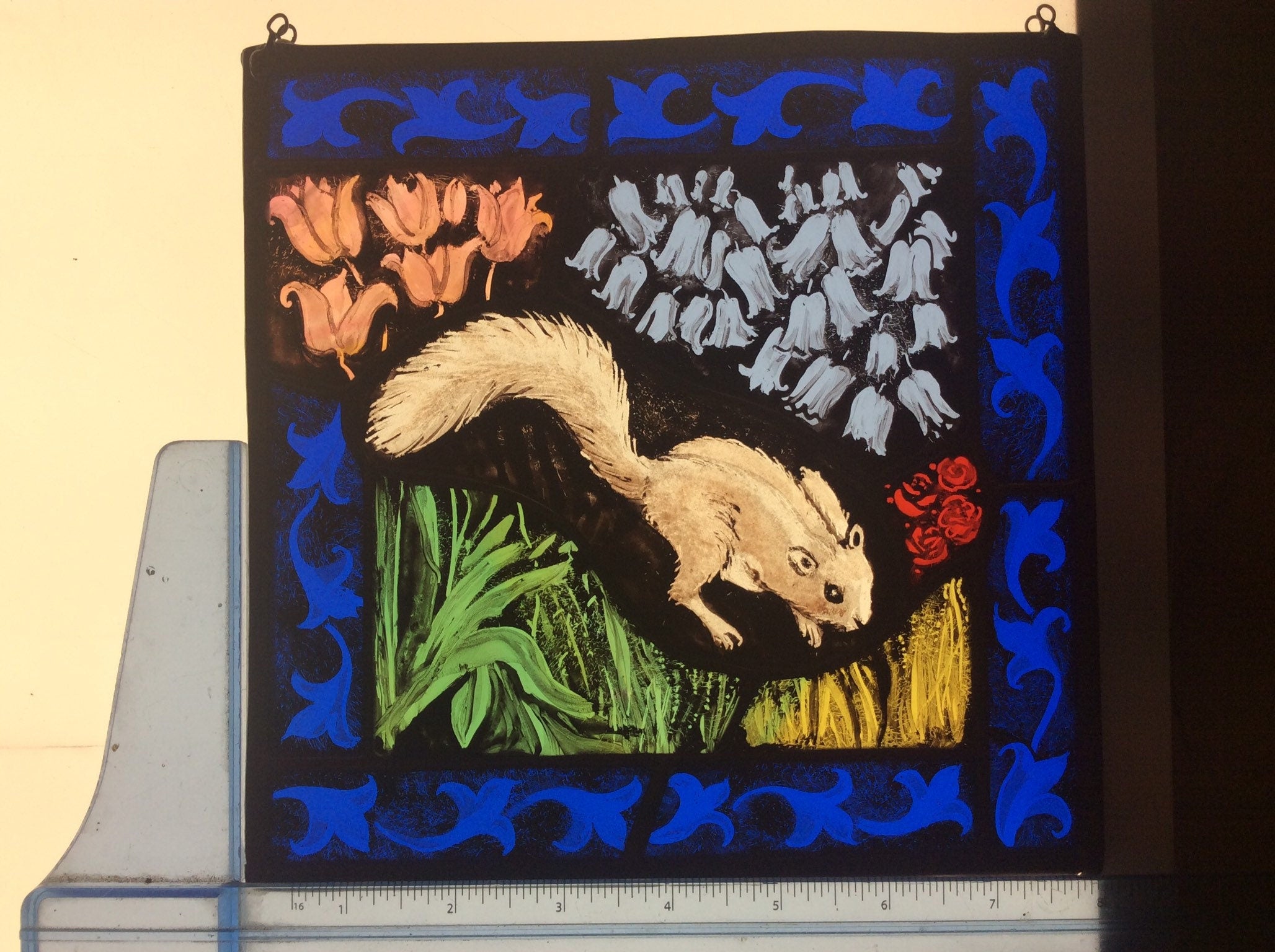 Squirrel Stained Glass Window with Bluebells