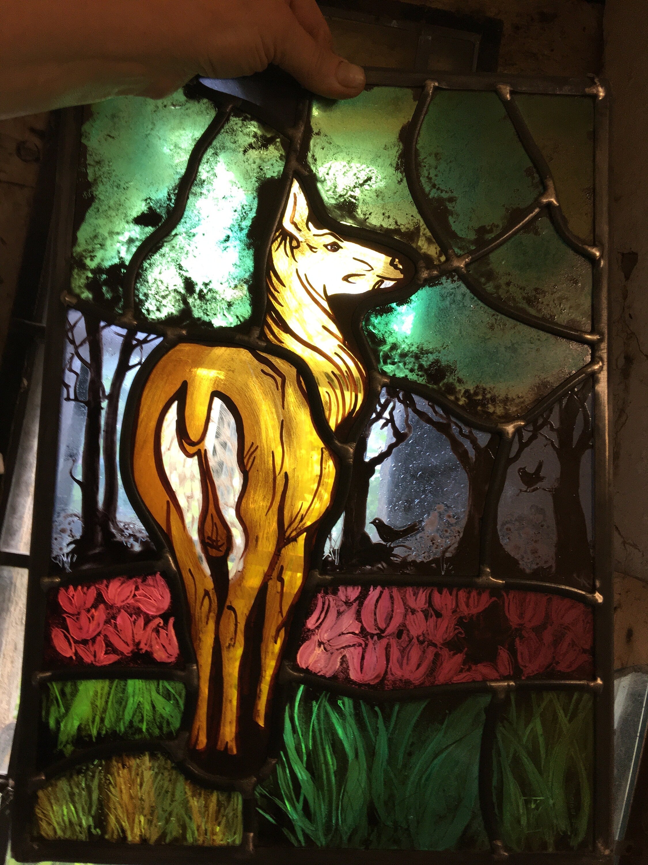 Stained Glass Window: Deer, Stag, Blackbirds, Nature
