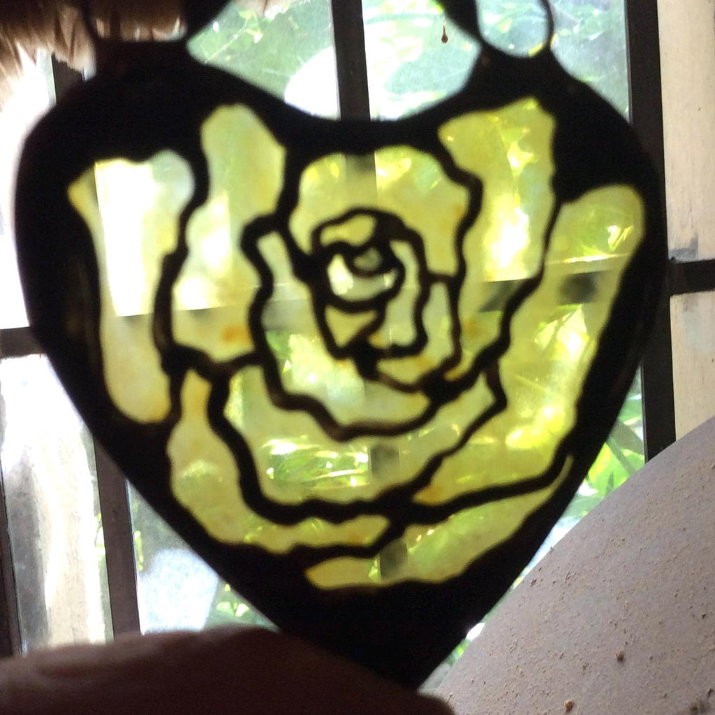 Yellow Rose in a Heart Stained Glass Suncatcher