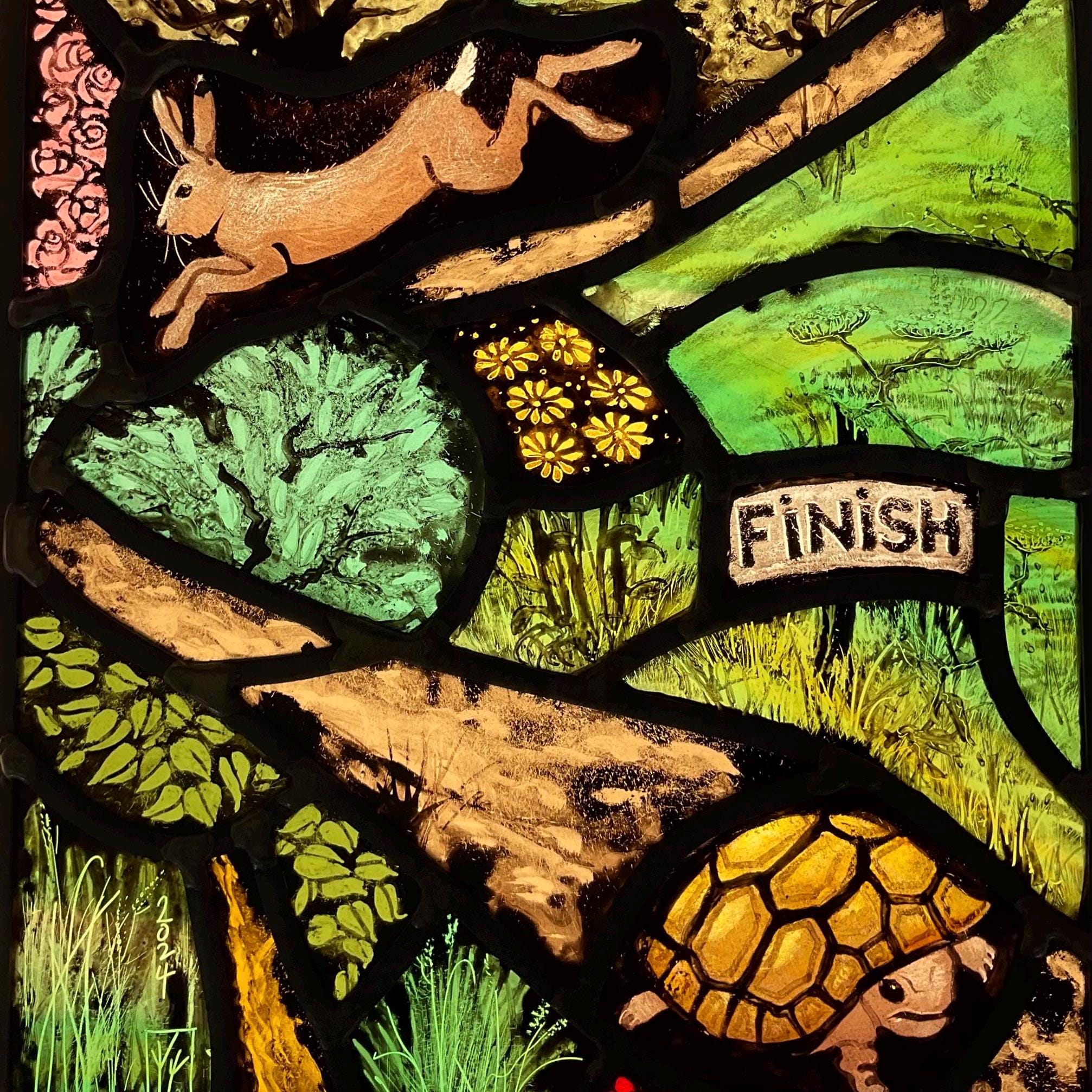 The Hare and The Tortoise Fable, Stained Glass Window Panel