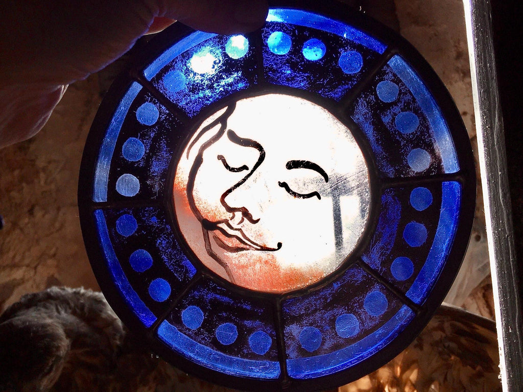 Blue Sweet Dreams Moon Face Stained Glass Sun Catcher