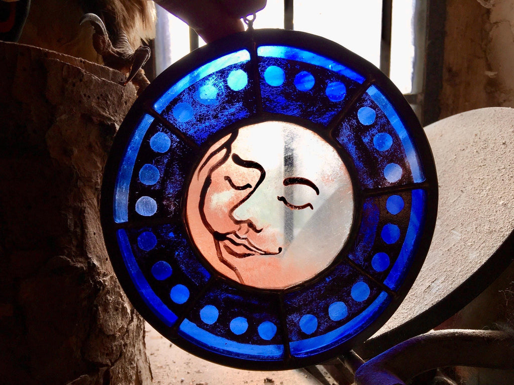 Blue Sweet Dreams Moon Face Stained Glass Sun Catcher