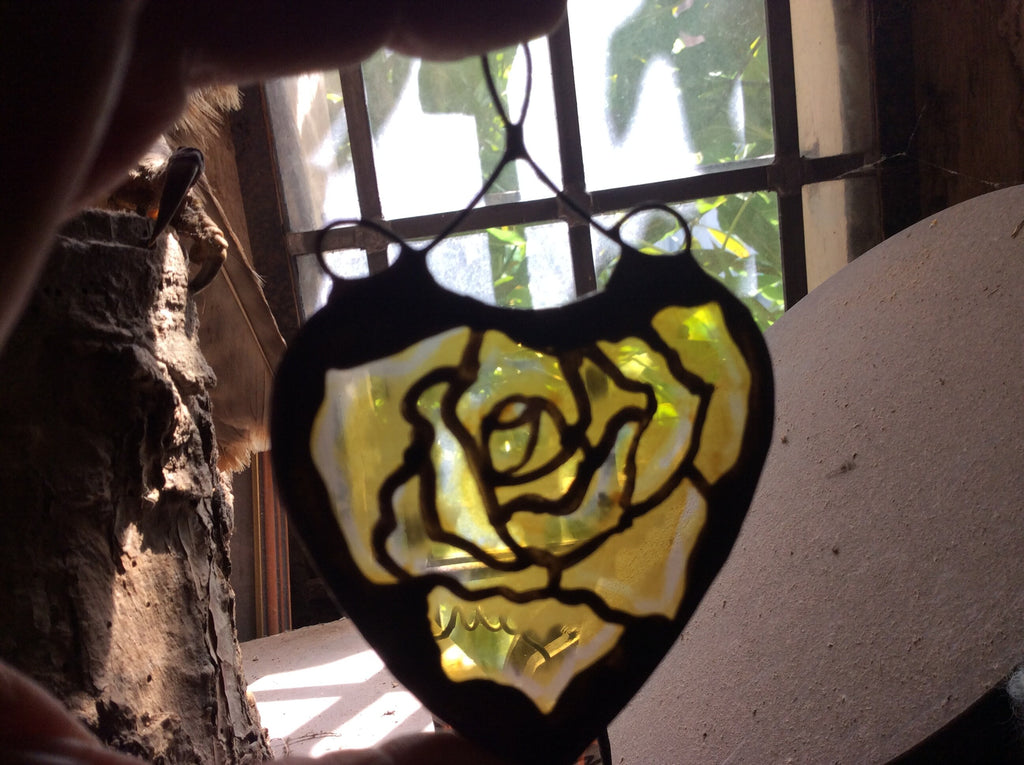 Yellow Rose in a Heart Stained Glass Suncatcher