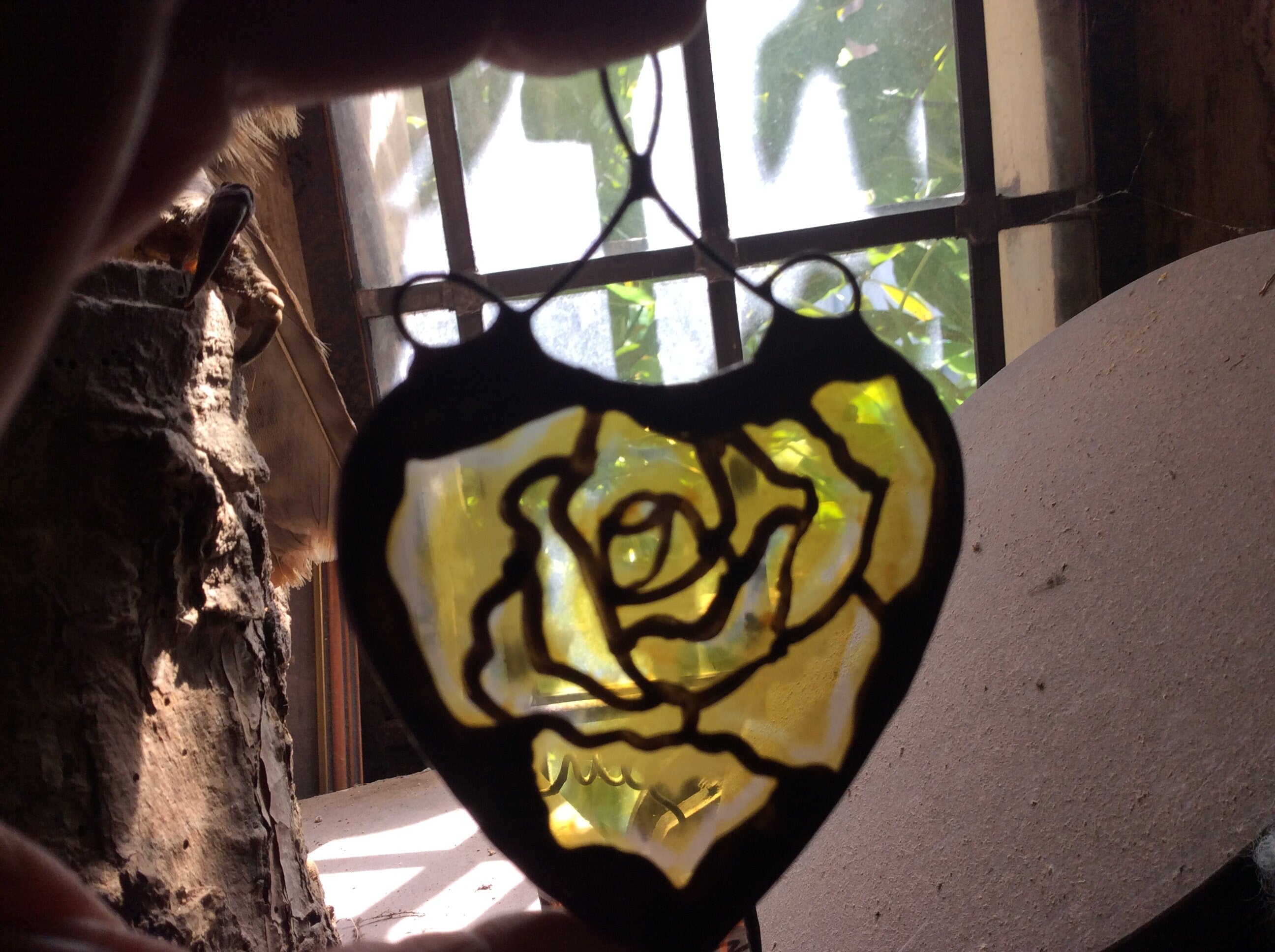 Yellow Rose in a Heart Stained Glass Suncatcher