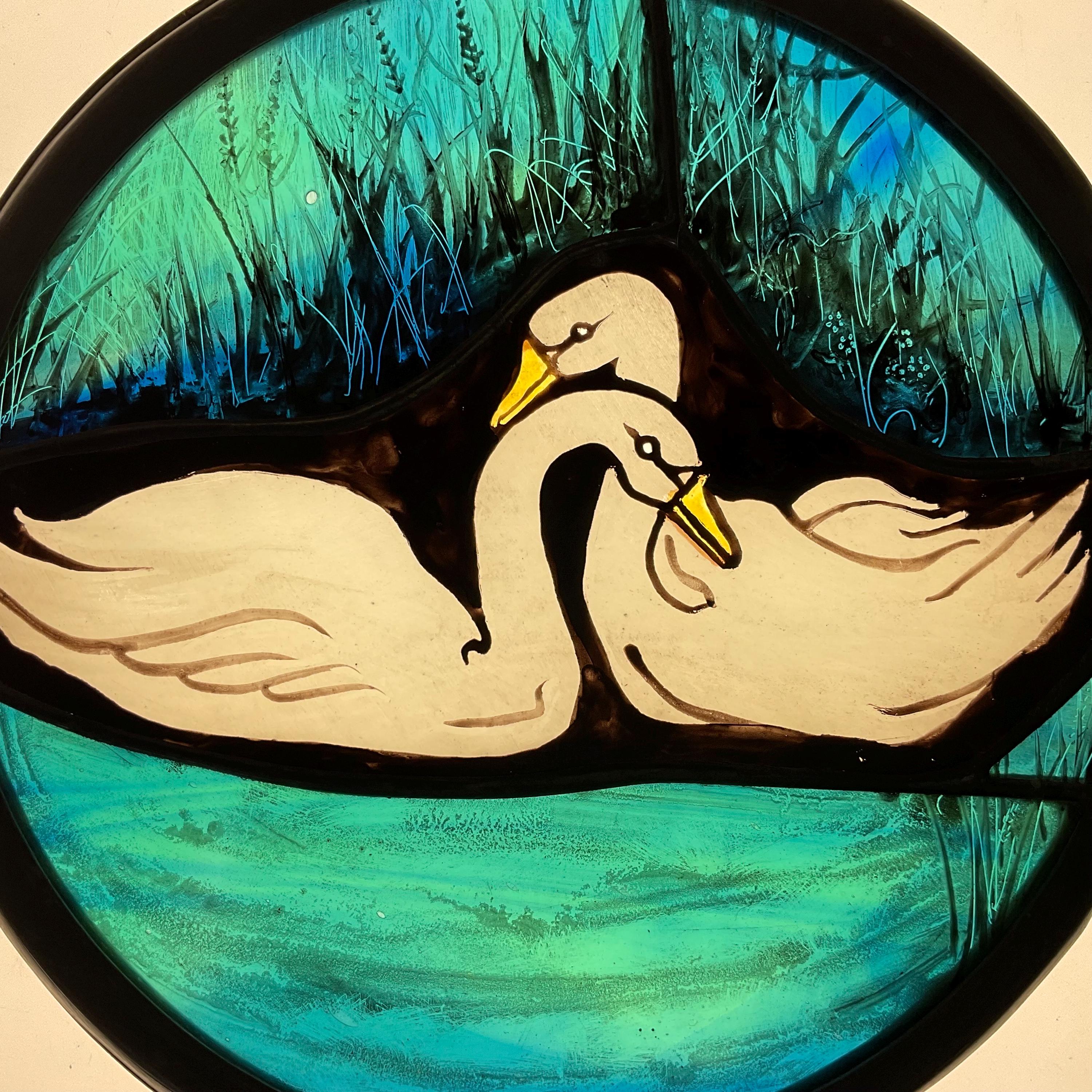 Romantic Swans Stained Glass Window Roundel