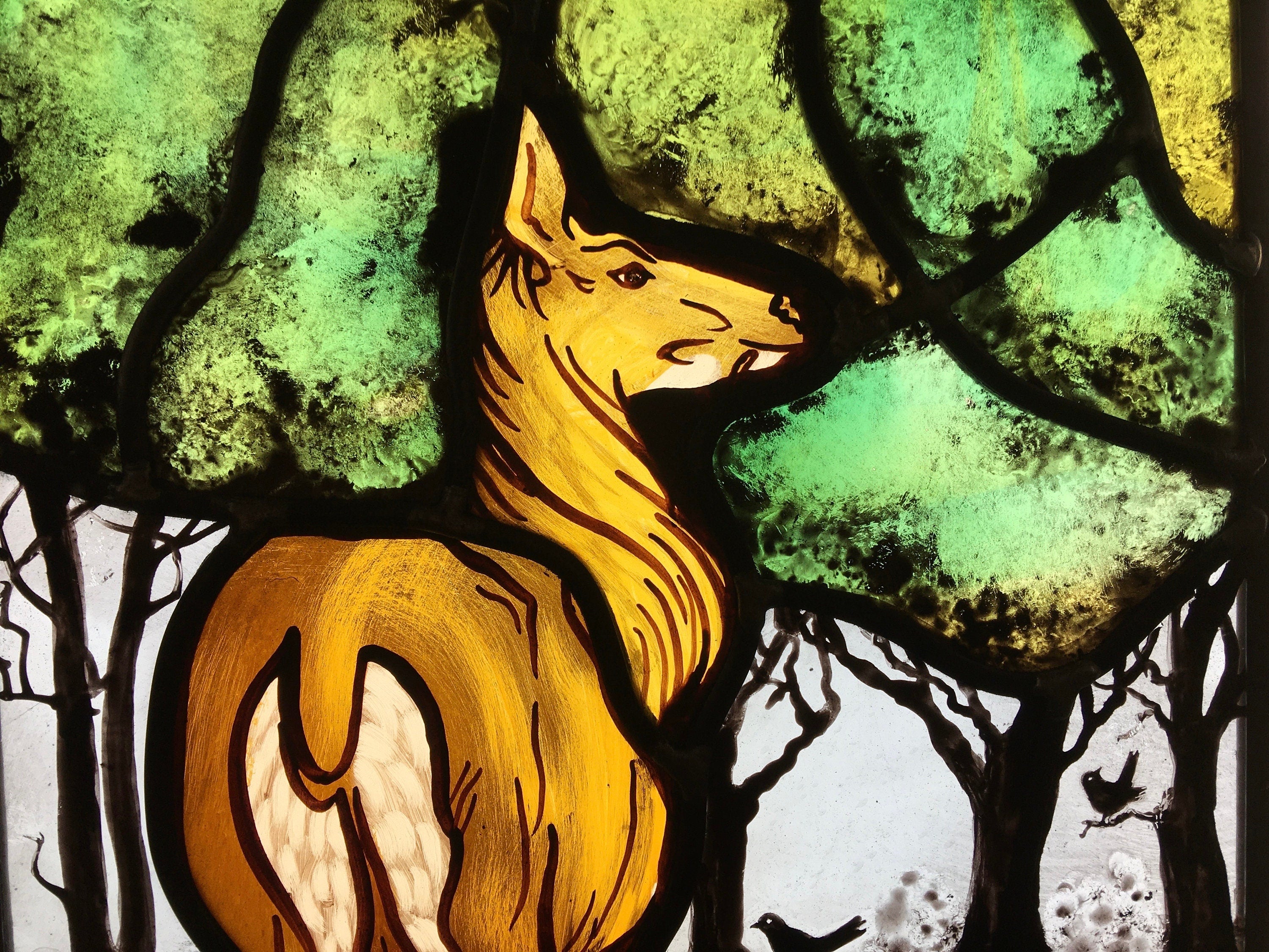 Stained Glass Window: Deer, Stag, Blackbirds, Nature